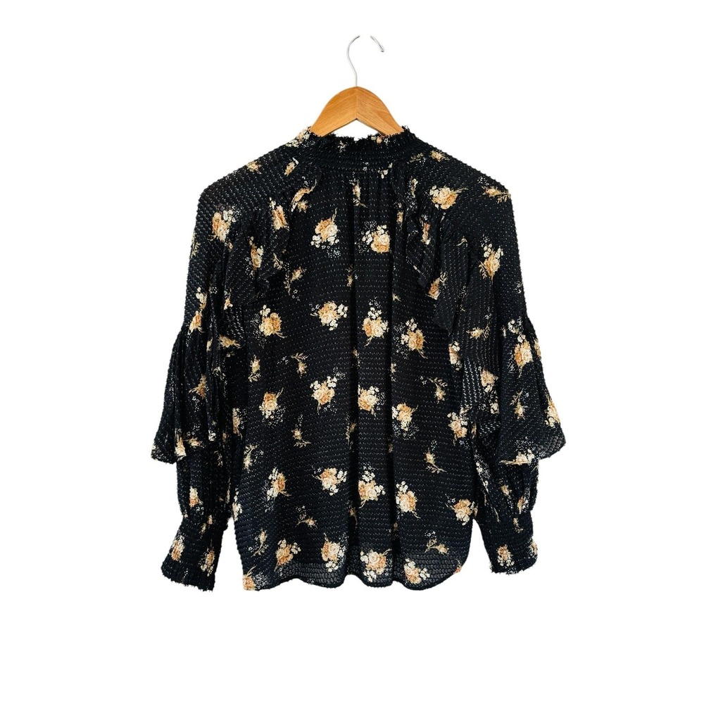 Maje Floral Ruffle Top Womens 1/S Black Textured Chiffon‎ Boho Bell Sleeve NWOT